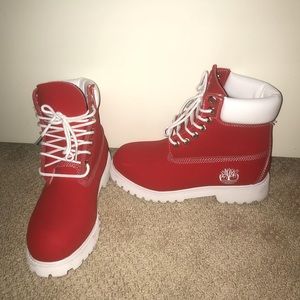 Red custom Timberlands.